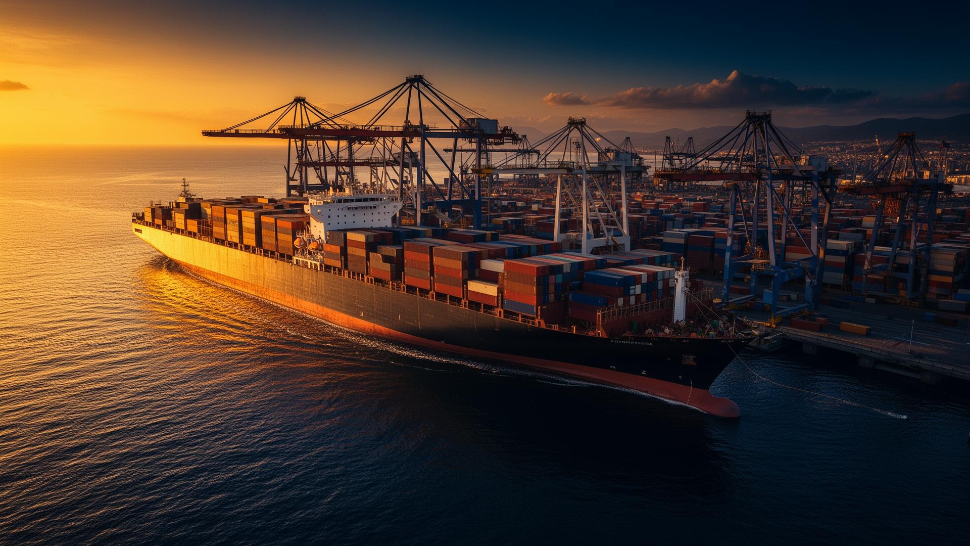 Global shipping port at golden hour